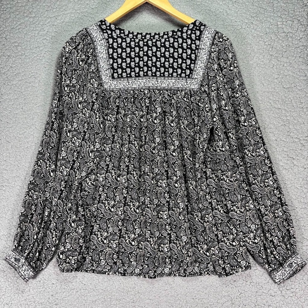 Gap Paisley Blouse Womens XS Black White Long Sleeve Square Neck Yoke Boho Flowy - Picture 4 of 11